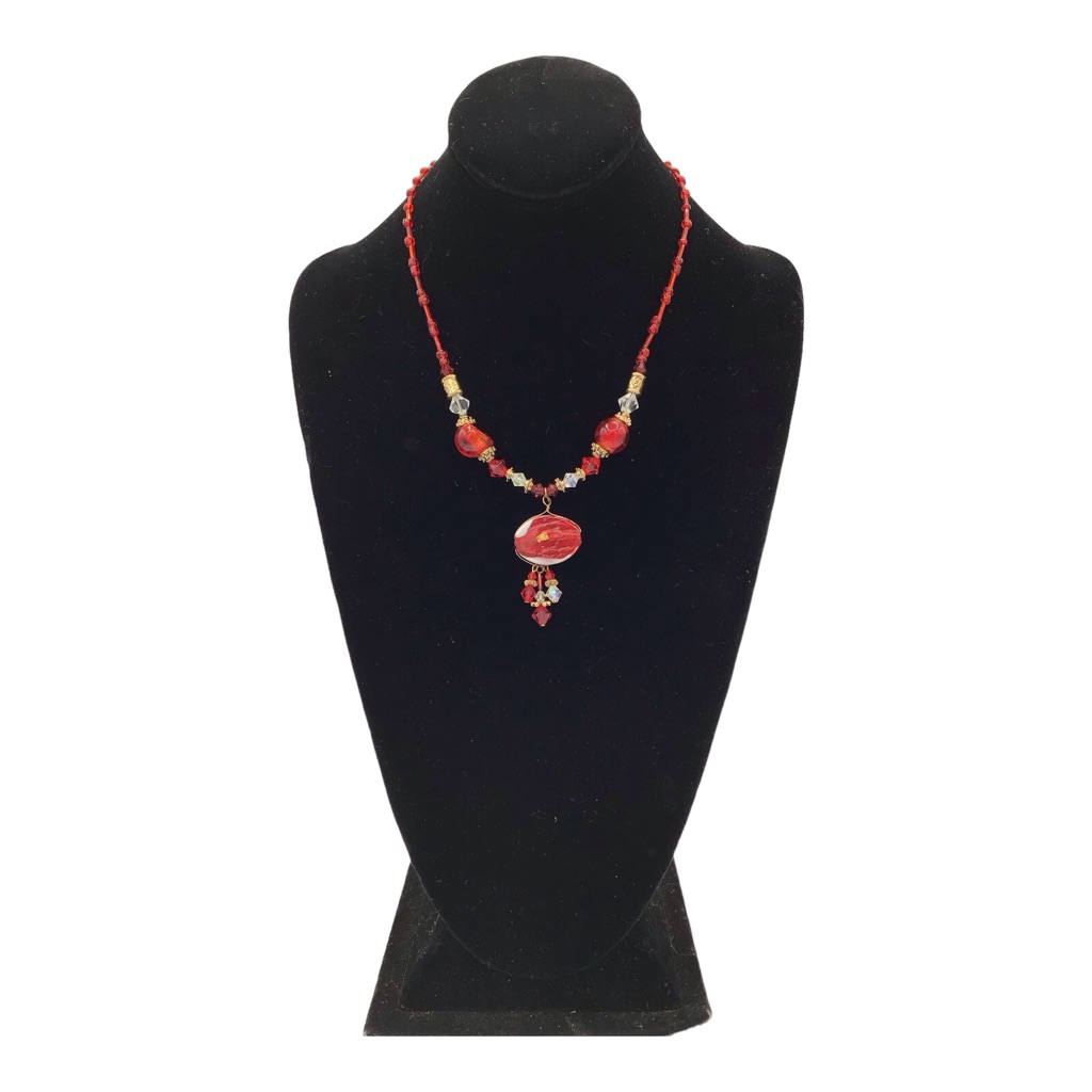 You & I Red Glass Gold Tone Clear Faceted Crystal Beaded Necklace